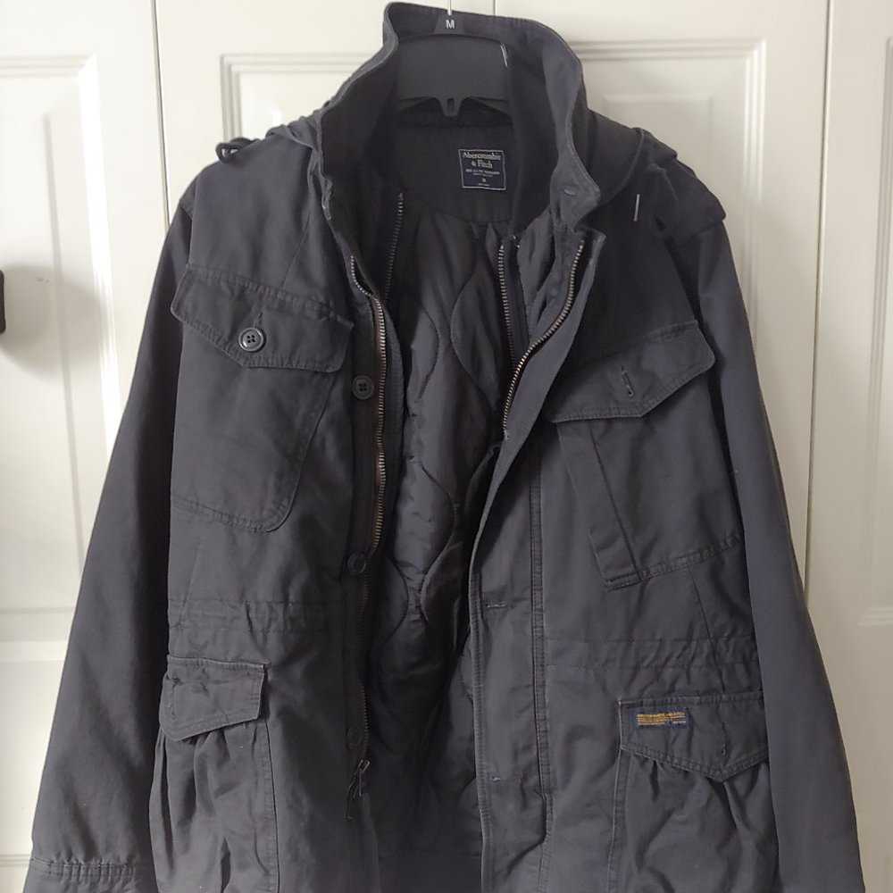 Abercrombie Charcoal Military Quilted Hoody Winter Jacket - Zip & Pull String